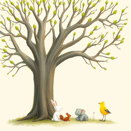 An old tree with smooth, bare branches that feature bright green buds sprouting at the tips