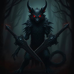 A dark harengon, featuring a sleek and shadowy fur, stands in a dimly lit forest