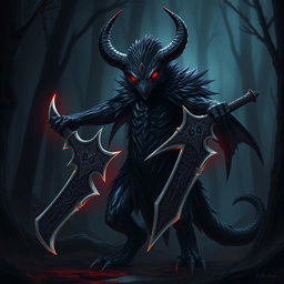 A dark harengon, featuring a sleek and shadowy fur, stands in a dimly lit forest