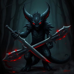 A dark harengon, featuring a sleek and shadowy fur, stands in a dimly lit forest