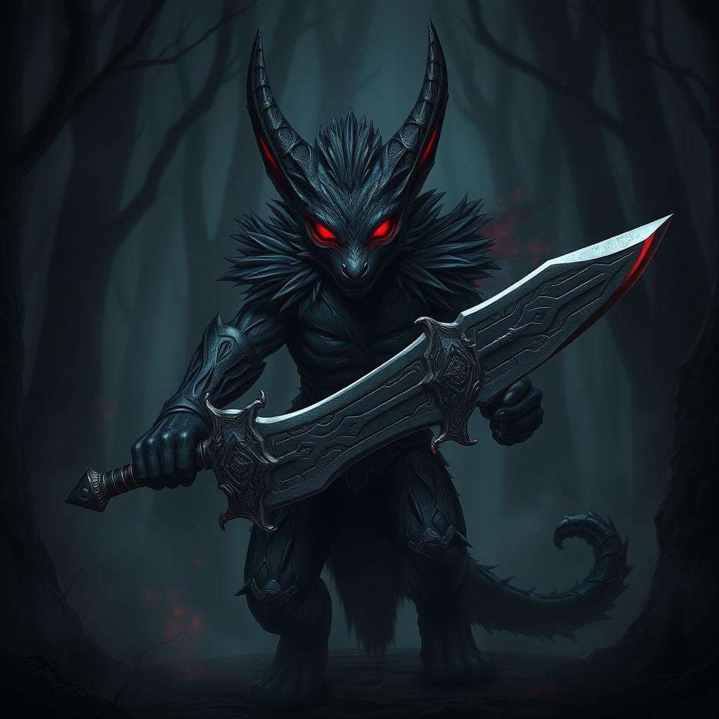 A dark harengon, featuring a sleek and shadowy fur, stands in a dimly lit forest