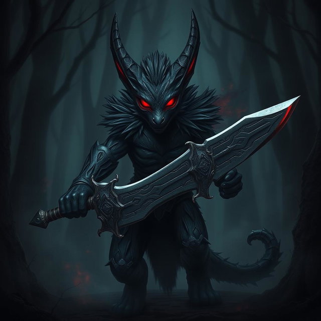 A dark harengon, featuring a sleek and shadowy fur, stands in a dimly lit forest