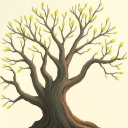 An old tree with branches that showcase fresh green buds at the tips, symbolizing the arrival of spring and the revival of nature