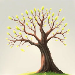 An old tree with branches that showcase fresh green buds at the tips, symbolizing the arrival of spring and the revival of nature