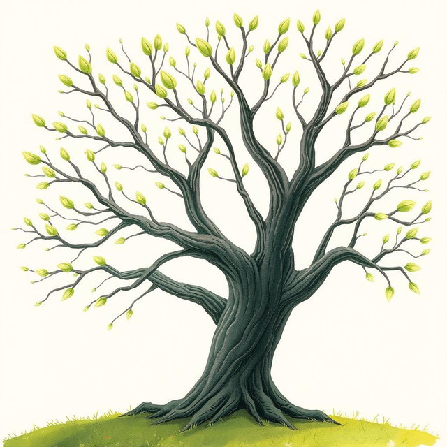 An old tree with branches that showcase fresh green buds at the tips, symbolizing the arrival of spring and the revival of nature