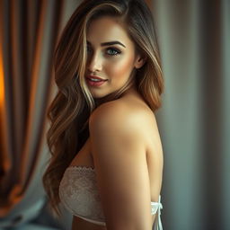 A stunning close-up portrait of an alluring woman in elegant lingerie, accentuating her curves and confidence
