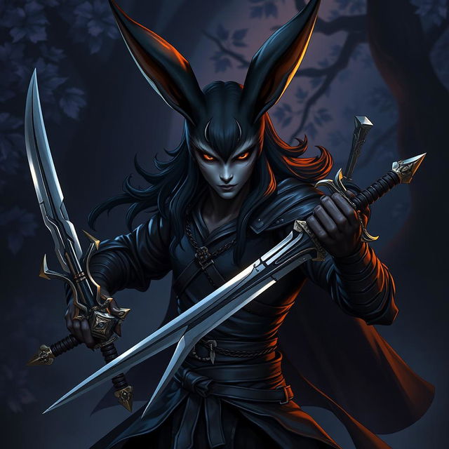 A harengon character, depicted as a dark, mysterious figure with long, flowing ears and rabbit-like features