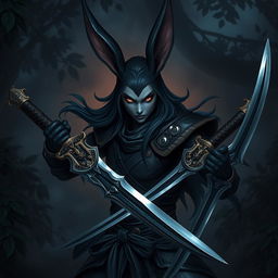 A harengon character, depicted as a dark, mysterious figure with long, flowing ears and rabbit-like features