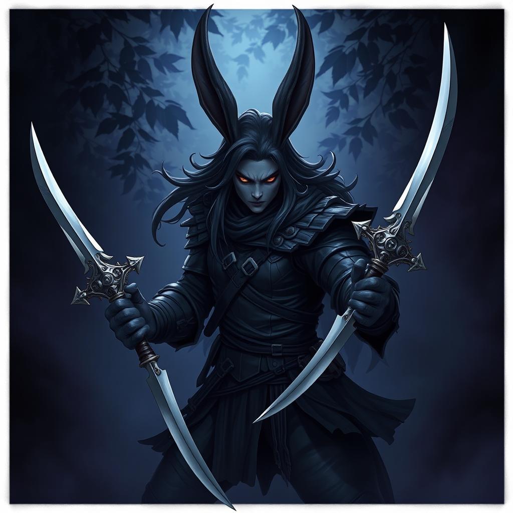 A harengon character, depicted as a dark, mysterious figure with long, flowing ears and rabbit-like features