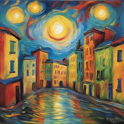 An expressive and vibrant cityscape painting, inspired by Vincent Van Gogh's signature post-impressionistic swirls and dramatic use of colors.