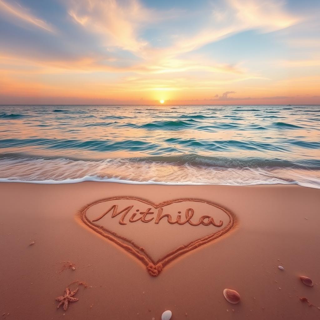 A captivating scene of a tranquil beach, featuring a large love shape drawn in the soft, golden sand, with the name 'Mithila' elegantly inscribed inside the heart