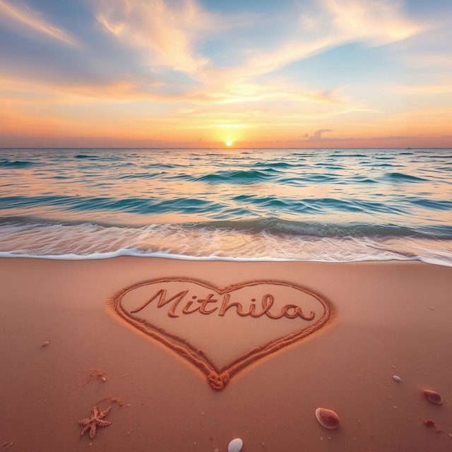 A captivating scene of a tranquil beach, featuring a large love shape drawn in the soft, golden sand, with the name 'Mithila' elegantly inscribed inside the heart