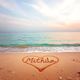 A captivating scene of a tranquil beach, featuring a large love shape drawn in the soft, golden sand, with the name 'Mithila' elegantly inscribed inside the heart