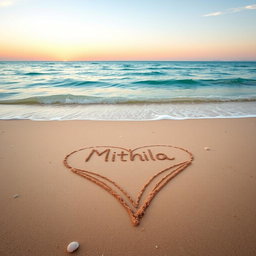 A captivating scene of a tranquil beach, featuring a large love shape drawn in the soft, golden sand, with the name 'Mithila' elegantly inscribed inside the heart