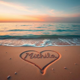 A captivating scene of a tranquil beach, featuring a large love shape drawn in the soft, golden sand, with the name 'Mithila' elegantly inscribed inside the heart