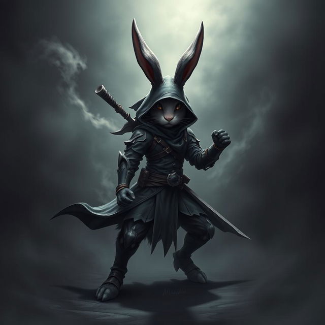 A super-badass full-body portrait of a fantasy shadow assassin rabbit, depicted as an anthropomorphic character with prominent bunny ears and agile rabbit hindfeet