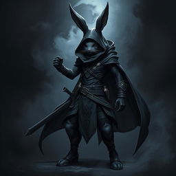 A super-badass full-body portrait of a fantasy shadow assassin rabbit, depicted as an anthropomorphic character with prominent bunny ears and agile rabbit hindfeet