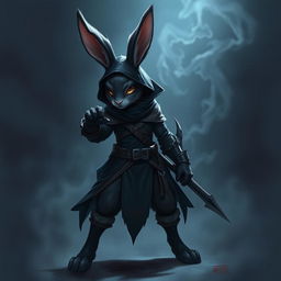 A super-badass full-body portrait of a fantasy shadow assassin rabbit, depicted as an anthropomorphic character with prominent bunny ears and agile rabbit hindfeet