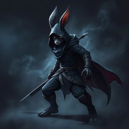 A super-badass full-body portrait of a fantasy shadow assassin rabbit, depicted as an anthropomorphic character with prominent bunny ears and agile rabbit hindfeet