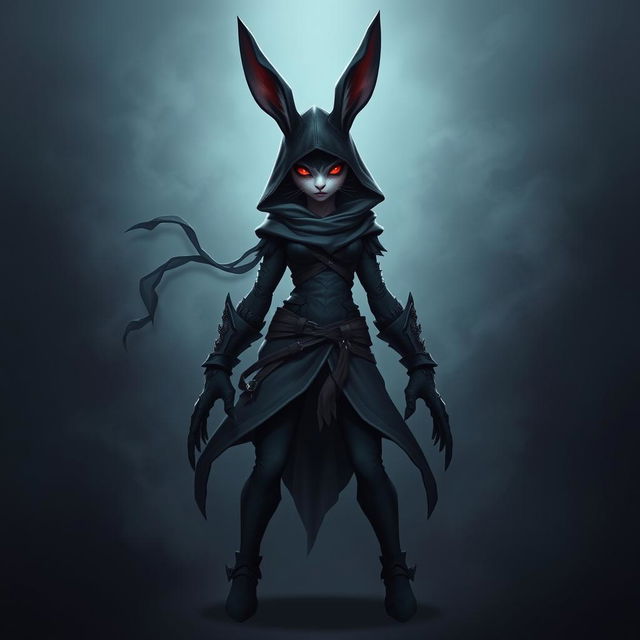 A super-badass full-body portrait of a female fantasy shadow assassin rabbit, depicted as an anthropomorphic character with prominent bunny ears and agile rabbit hindfeet