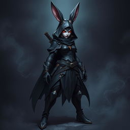 A super-badass full-body portrait of a female fantasy shadow assassin rabbit, depicted as an anthropomorphic character with prominent bunny ears and agile rabbit hindfeet