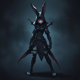 A super-badass full-body portrait of a female fantasy shadow assassin rabbit, depicted as an anthropomorphic character with prominent bunny ears and agile rabbit hindfeet