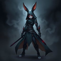 A super-badass full-body portrait of a female fantasy shadow assassin rabbit, depicted as an anthropomorphic character with prominent bunny ears and agile rabbit hindfeet