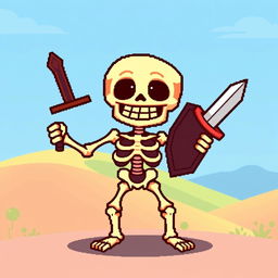 A simple, stylized skeleton character designed for a pixel art RPG game, featuring a cartoonish skull with large eye sockets and a wide grin, ribcage that is easily distinguishable, and exaggerated limb proportions