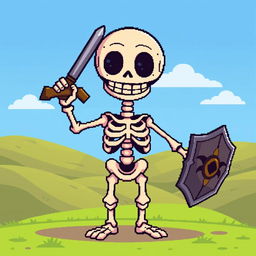 A simple, stylized skeleton character designed for a pixel art RPG game, featuring a cartoonish skull with large eye sockets and a wide grin, ribcage that is easily distinguishable, and exaggerated limb proportions