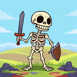 A simple, stylized skeleton character designed for a pixel art RPG game, featuring a cartoonish skull with large eye sockets and a wide grin, ribcage that is easily distinguishable, and exaggerated limb proportions