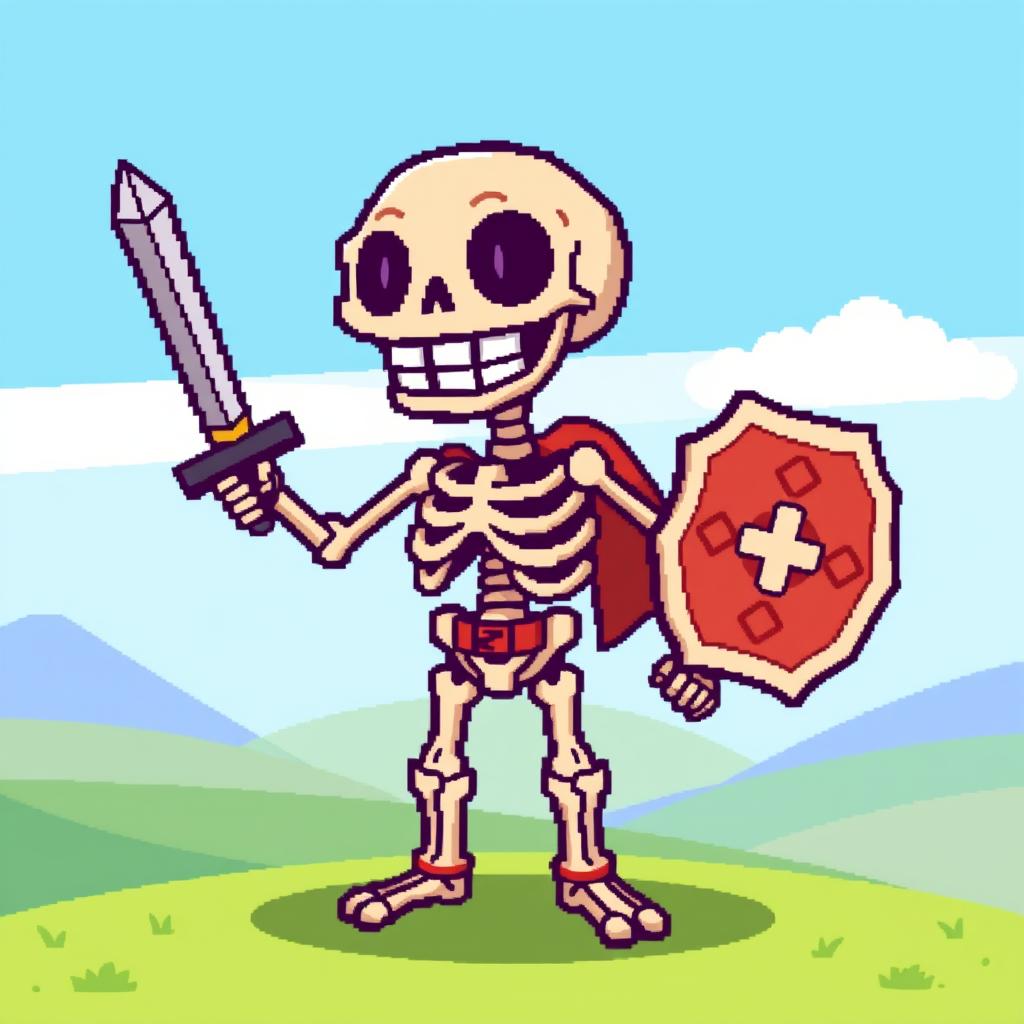 A simple, stylized skeleton character designed for a pixel art RPG game, featuring a cartoonish skull with large eye sockets and a wide grin, ribcage that is easily distinguishable, and exaggerated limb proportions