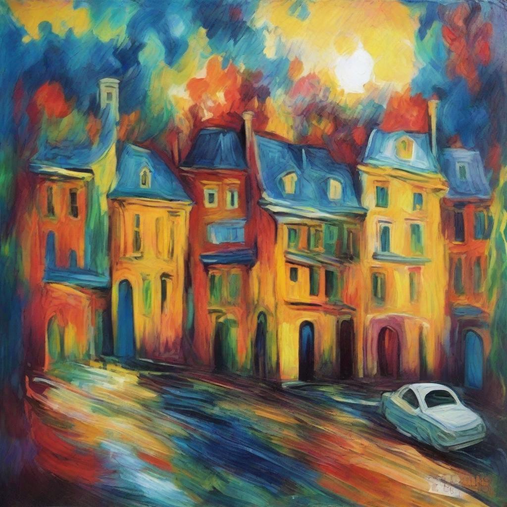 An expressive and vibrant cityscape painting, inspired by Vincent Van Gogh's signature post-impressionistic swirls and dramatic use of colors.