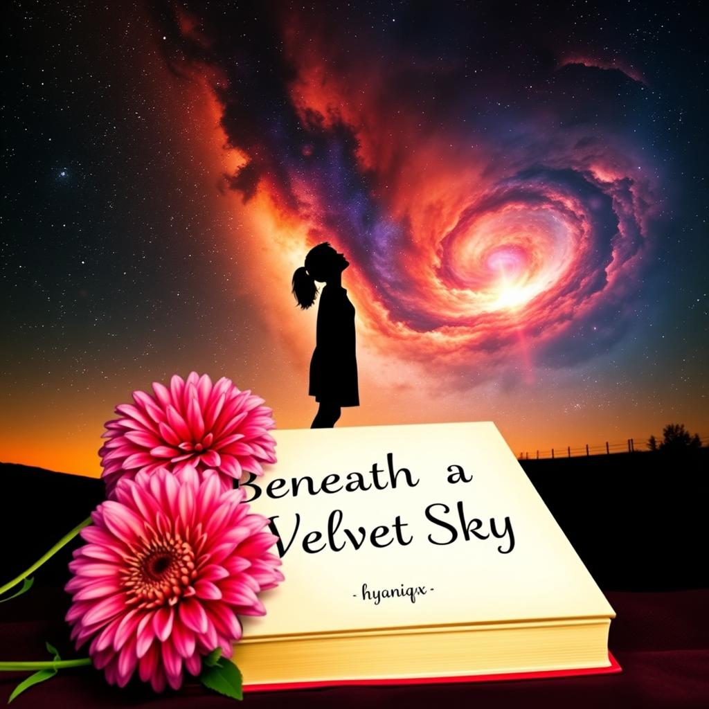 A beautiful book titled 'Beneath a Velvet Sky' placed gracefully under a stunning velvet-colored sky