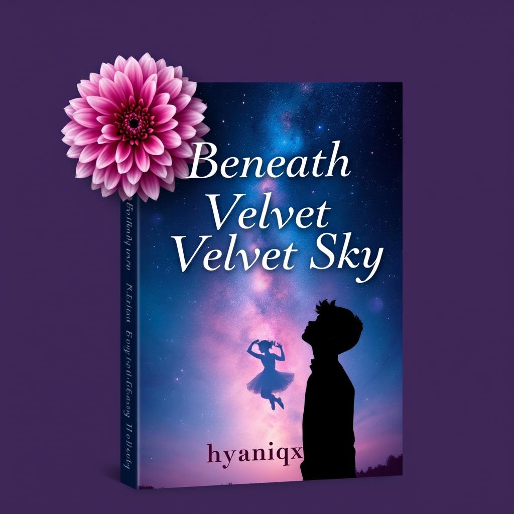 A beautifully designed book cover for "Beneath a Velvet Sky" featuring a stunning Dahlia flower on the side
