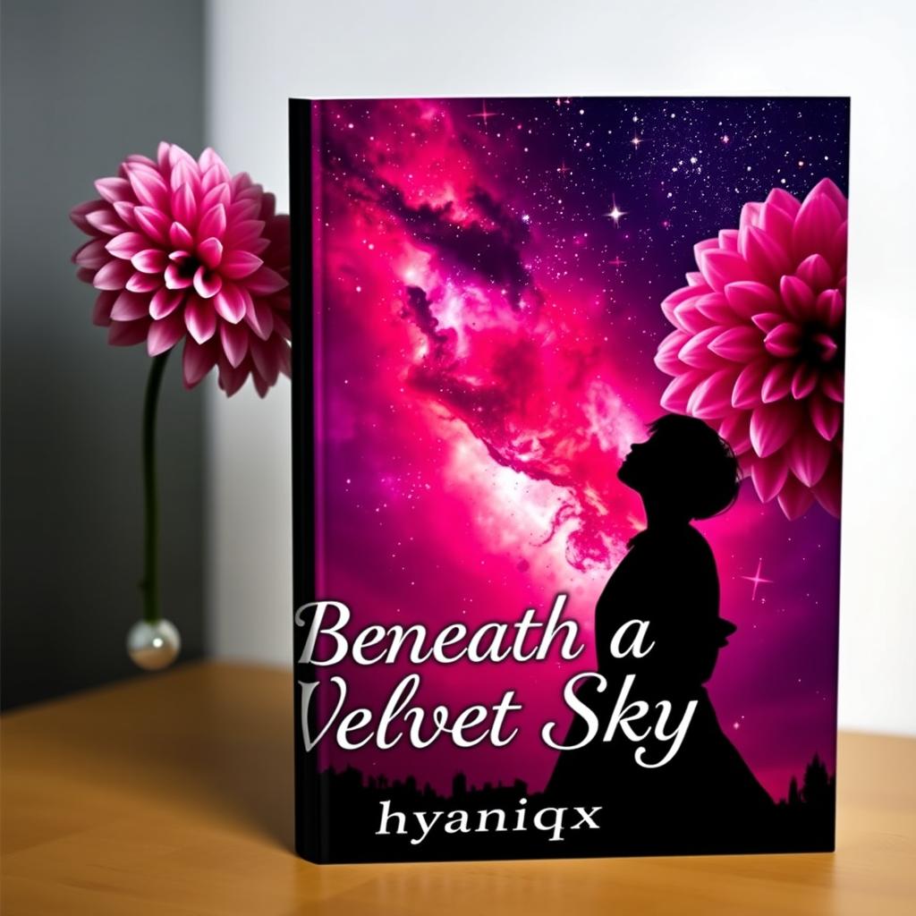 A beautifully designed book cover for "Beneath a Velvet Sky" featuring a stunning Dahlia flower on the side