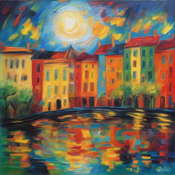 An expressive and vibrant cityscape painting, inspired by Vincent Van Gogh's signature post-impressionistic swirls and dramatic use of colors.