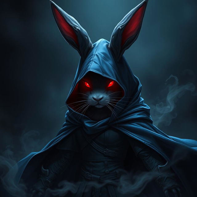 A super-badass, full-body portrait of a fantasy shadow assassin rabbit, depicted as an anthro rabbit with bunny ears and fur