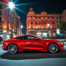 A sleek and modern red sports car, glistening under bright city lights, parked on a vibrant street with elegant urban architecture in the background