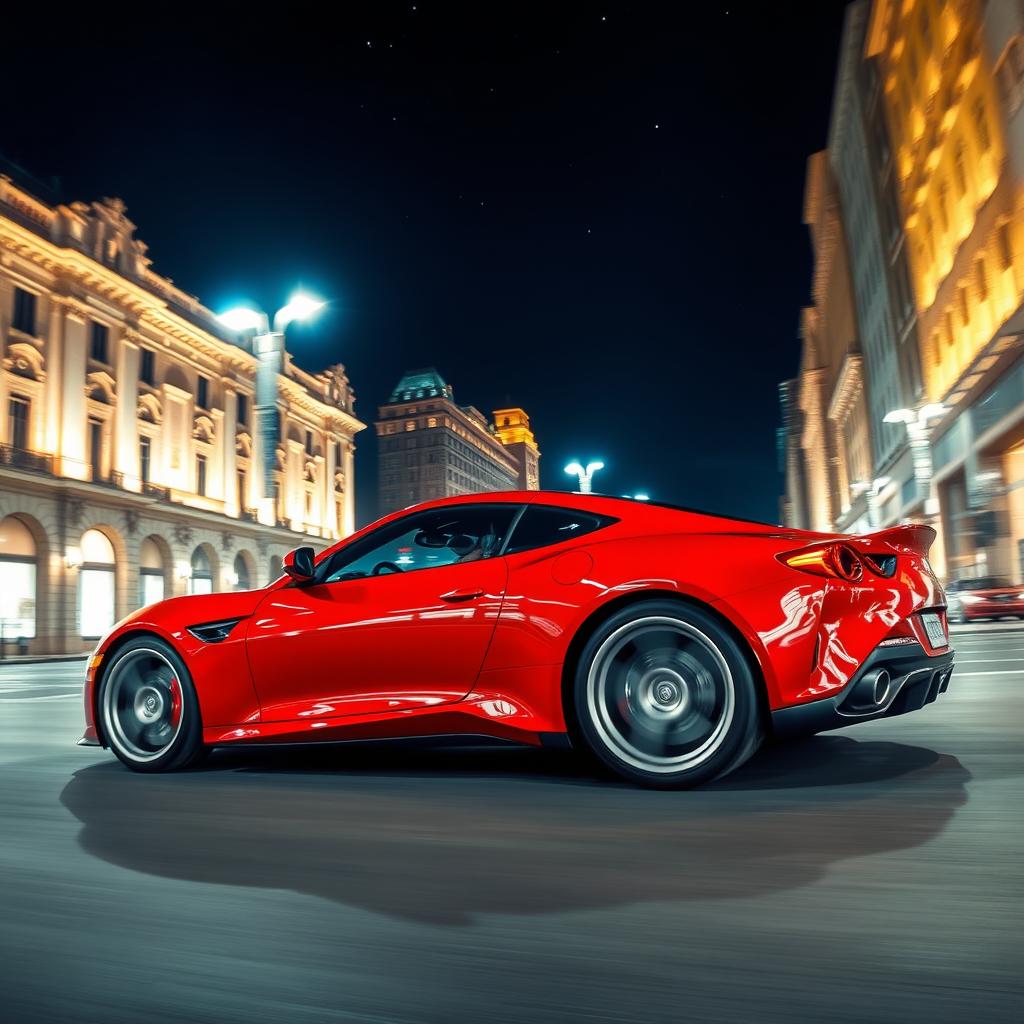 A sleek and modern red sports car, glistening under bright city lights, parked on a vibrant street with elegant urban architecture in the background