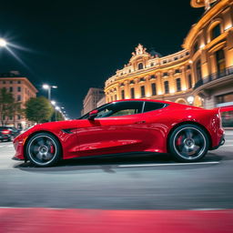 A sleek and modern red sports car, glistening under bright city lights, parked on a vibrant street with elegant urban architecture in the background