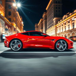 A sleek and modern red sports car, glistening under bright city lights, parked on a vibrant street with elegant urban architecture in the background