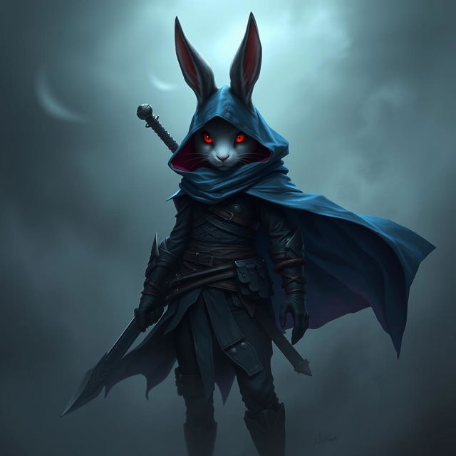 A full-body portrait of a badass fantasy shadow assassin rabbit character