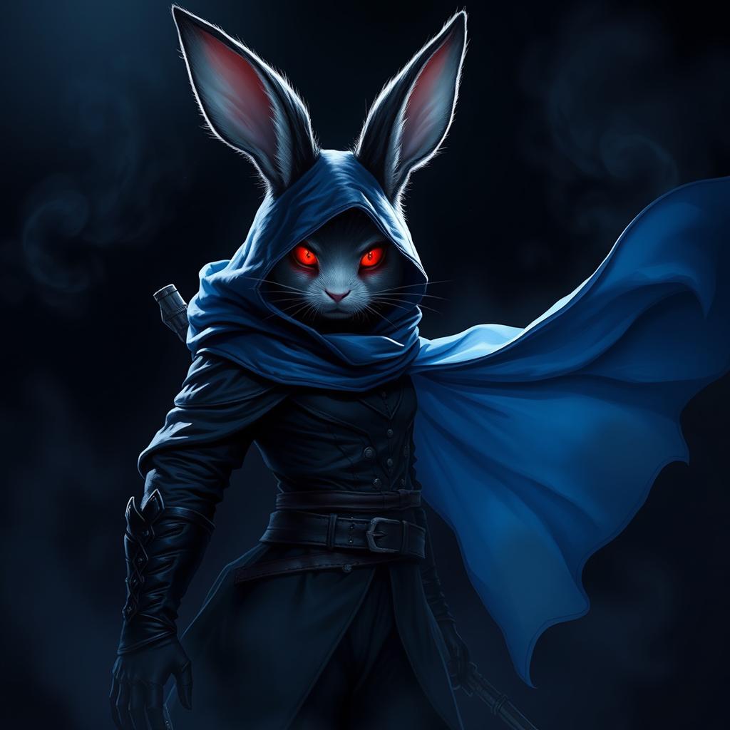 A full-body portrait of a super badass fantasy shadow assassin rabbit character