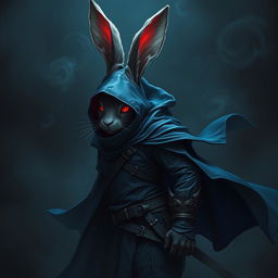 A full-body portrait of a super badass fantasy shadow assassin rabbit character