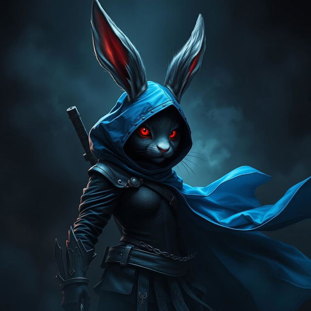 A full-body portrait of a super badass fantasy shadow assassin rabbit character