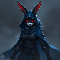 A full-body portrait of a fantasy shadow assassin rabbit, depicted as an anthro rabbit with prominent bunny ears