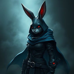 A full-body portrait of a fantasy shadow assassin rabbit, depicted as an anthro rabbit with prominent bunny ears