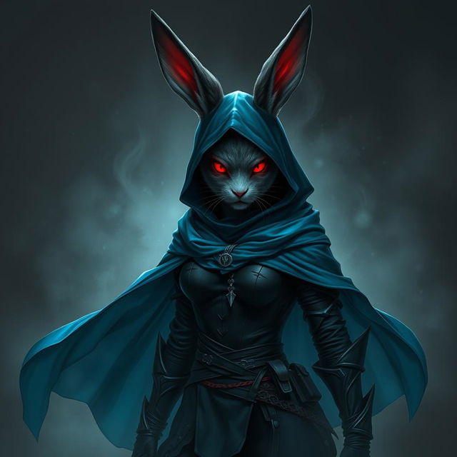 A full-body portrait of a fantasy shadow assassin rabbit, depicted as an anthro rabbit with prominent bunny ears