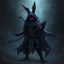 A full-body portrait of a fantasy shadow assassin rabbit, depicted as an anthropomorphic rabbit with bunny ears and fur, dressed in an intricate shadow-gradient rogue outfit