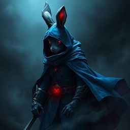 A full-body portrait of a fantasy shadow assassin rabbit, depicted as an anthropomorphic rabbit with bunny ears and fur, dressed in an intricate shadow-gradient rogue outfit